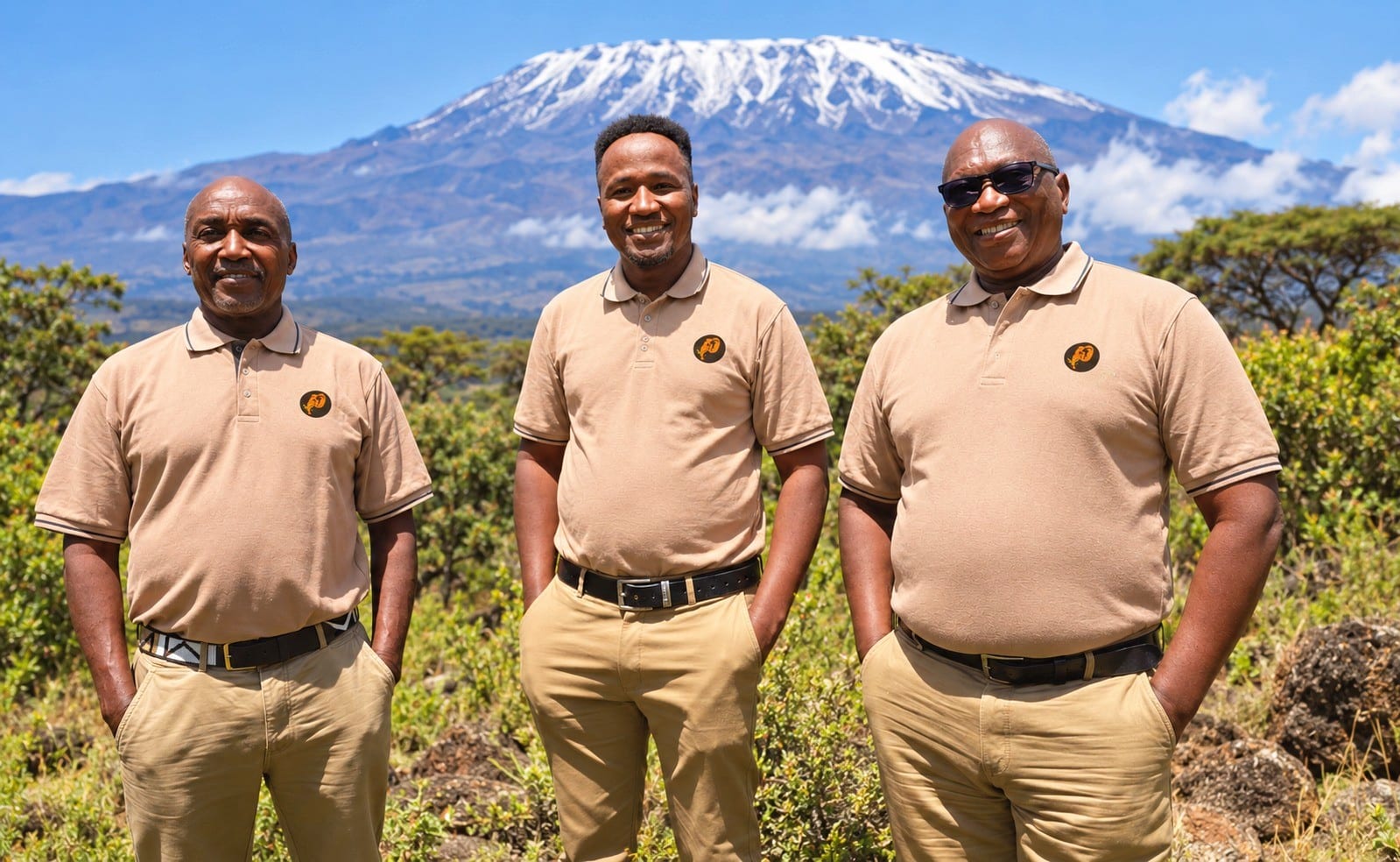 Three Out2safari guides in branded shirts below Mount Kilimanjaro