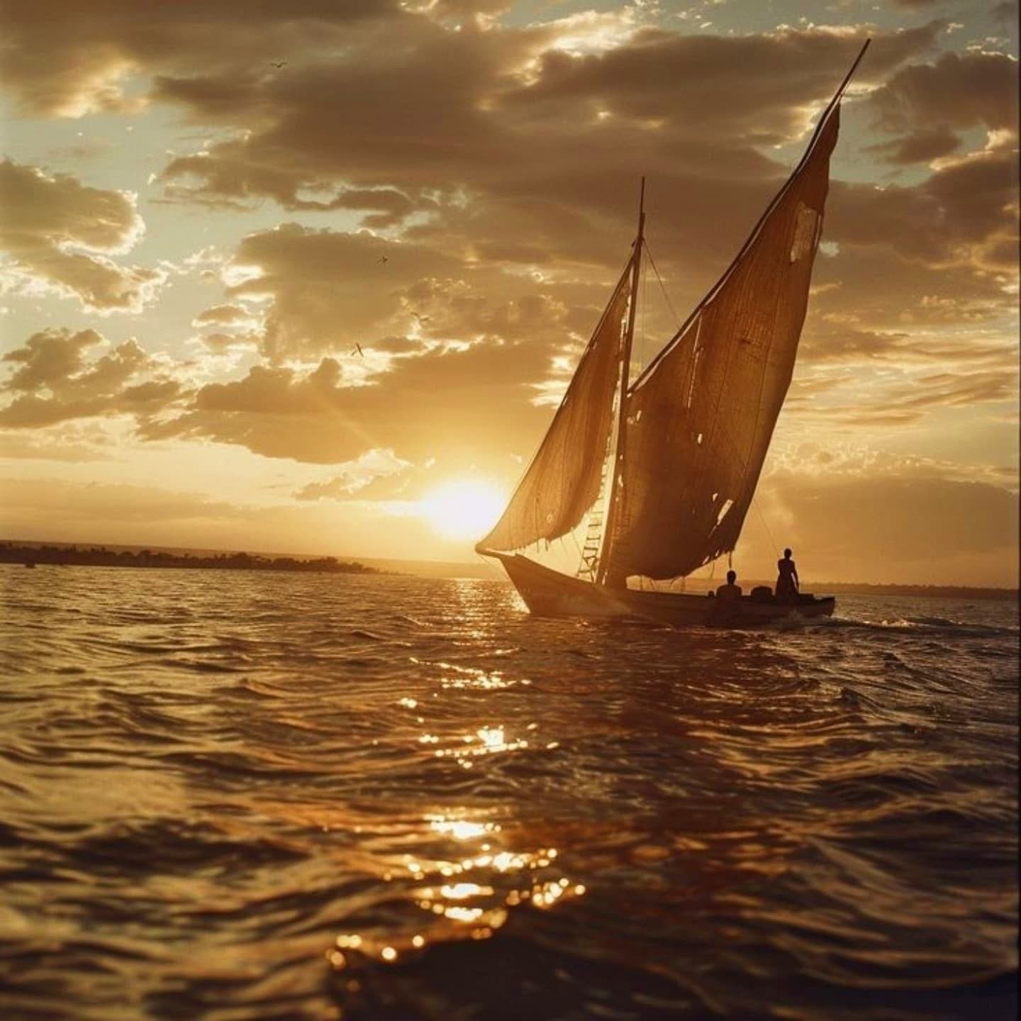 A traditional dhow under sail at sunset