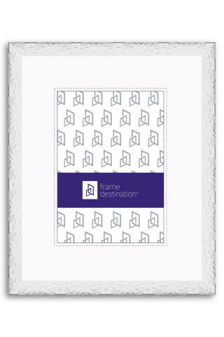 Slim Ornate Wood Frame in White with Mat P568