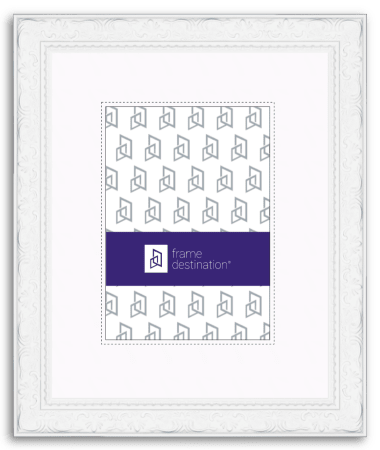 Ornate White Picture Frame in Real Wood with Mat P573