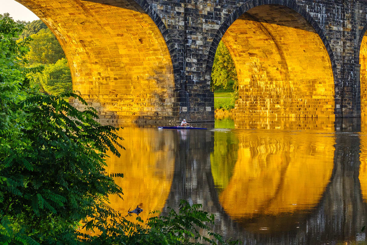 Rowing Calm Water Under Bridge