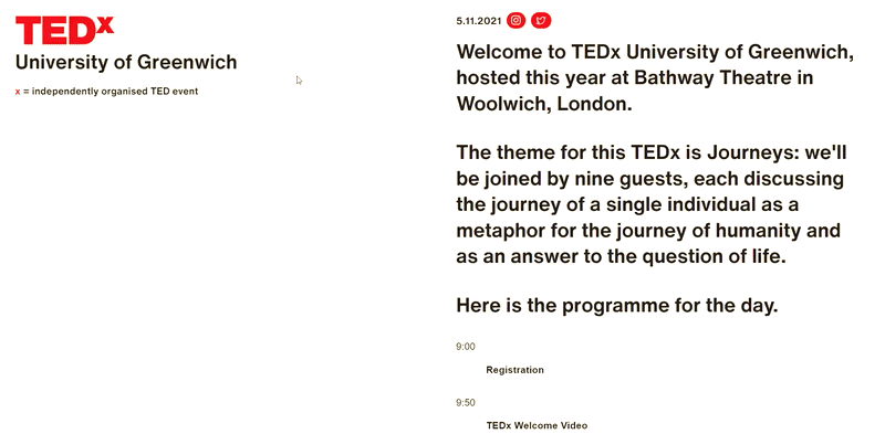 mockup of a browser window showing the TEDx 2021 Programme website.