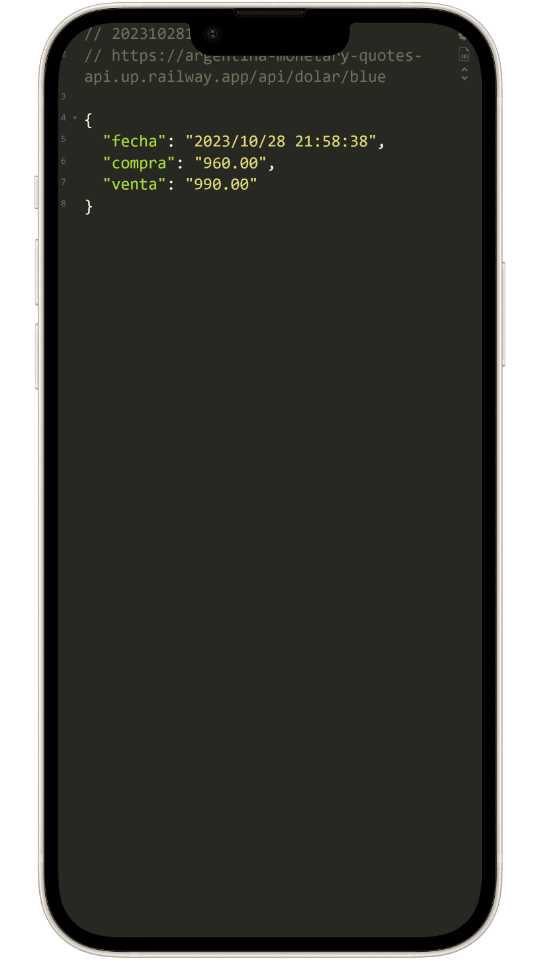 Imagen de la respuesta de la API de Cotizaciones Monetarias en Argentina
