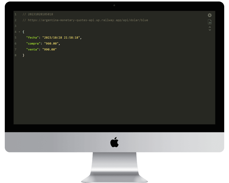 Imagen de la respuesta de la API de Cotizaciones Monetarias en Argentina