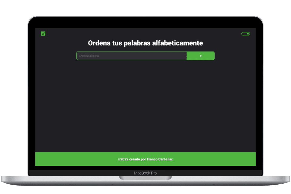 Imagen de la interfaz de usuario de la página web de para ordenar las palabras en orden alfabético