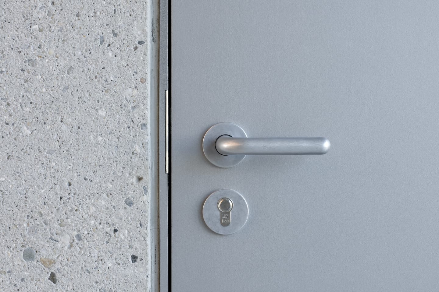 Close-up of an FSB 1147 Wittgenstein Aluminum Pure door handle on a grey door at the Bauhaus Museum Weimar.