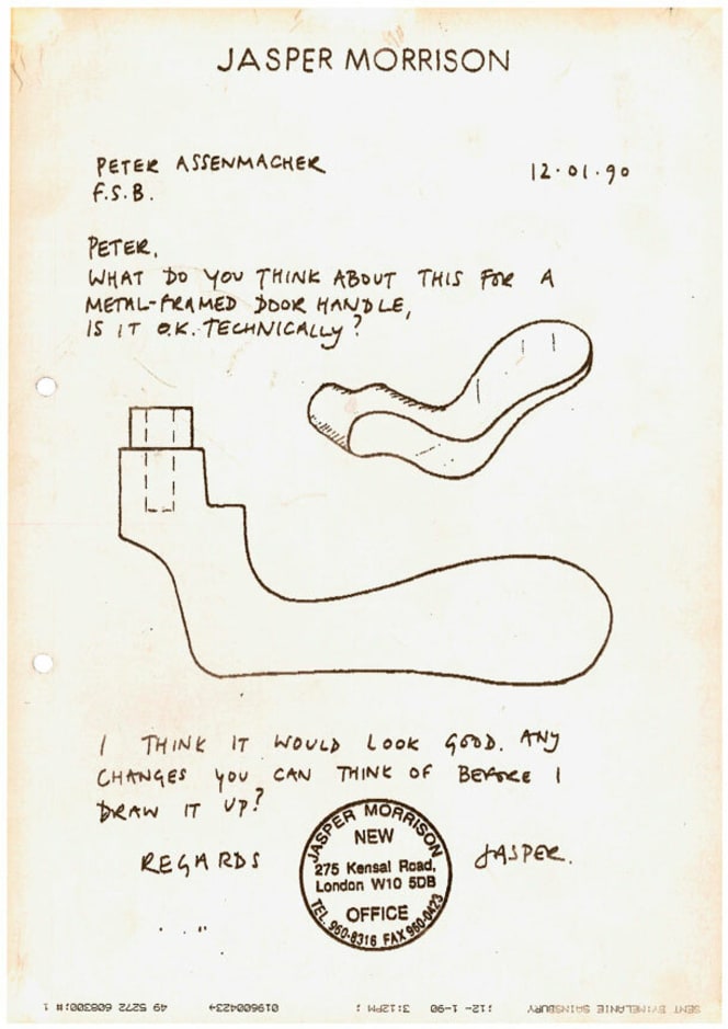 Fax from Jasper Morrison to FSB with a sketch for a frame door handle, 1990. Signed by Jasper Morrison and stamped with the seal of his London office.