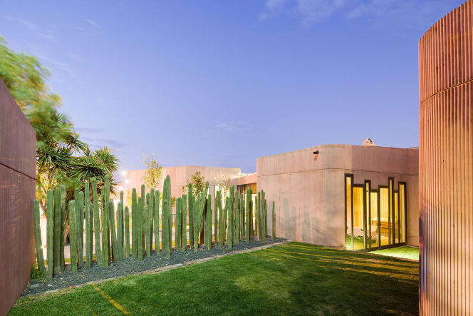 Exterior view of the Tangassi Funeral Home at dusk. Cacti form a natural barrier in front of the curved exposed concrete volumes. Architecture by Tatiana Bilbao. Photo by Iwan Baan.