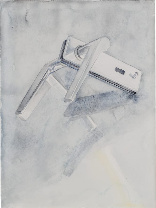 Watercolor of a door lever with a long backplate and keyhole in pale shades of gray by Friedemann Heckel.