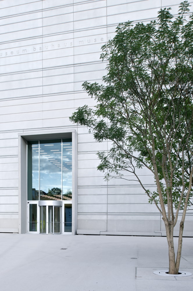 Entrance area of the Bauhaus Museum Weimar with large glass facade, tree in the foreground, and clear concrete architecture by Heike Hanada.