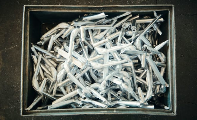 Container filled with cast lever handle blanks at the FSB production facility in Brakel.