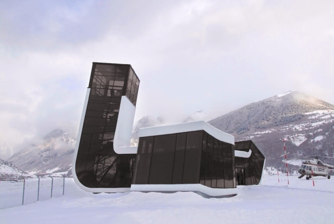 Photo of the terminal building for Queen Tamar Airport in Mestia, Georgia, in the snow. Photo by J. Mayer H.