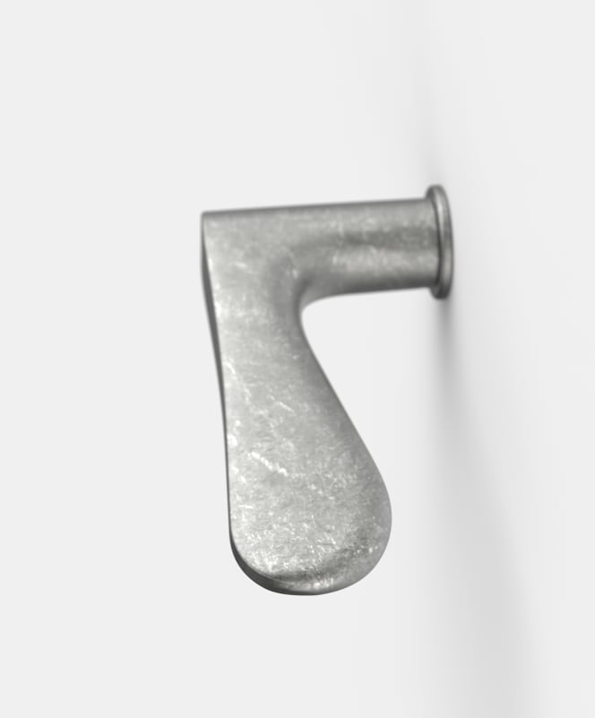 Foreshortened view of the Jasper Morrison design – the door handle FSB 1144 – in the surface Aluminum Pure.