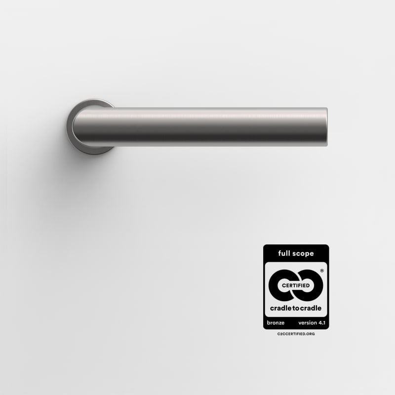 Door Handle FSB 1076 in Stainless Steel with Cradle to Cradle Logo.