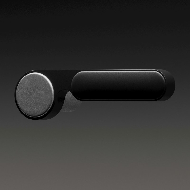FSB 1138 door handle, Dieter Rams relaunch, in Aluminum Pure and black anodized aluminum against a dark background with gradient.