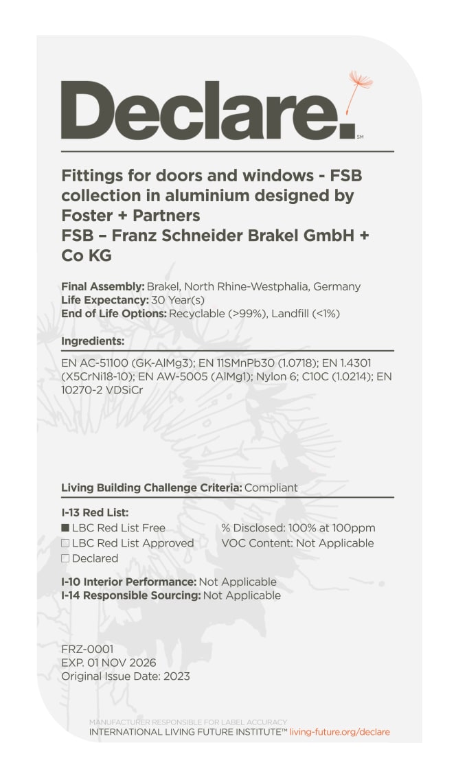 Thumbnail des FSB Declare Label für Aluminium-Beschläge – nachhaltige Tür- und Fensterbeschläge mit 100 % Materialtransparenz, entwickelt mit Foster + Partners, hergestellt in Brakel, Deutschland.