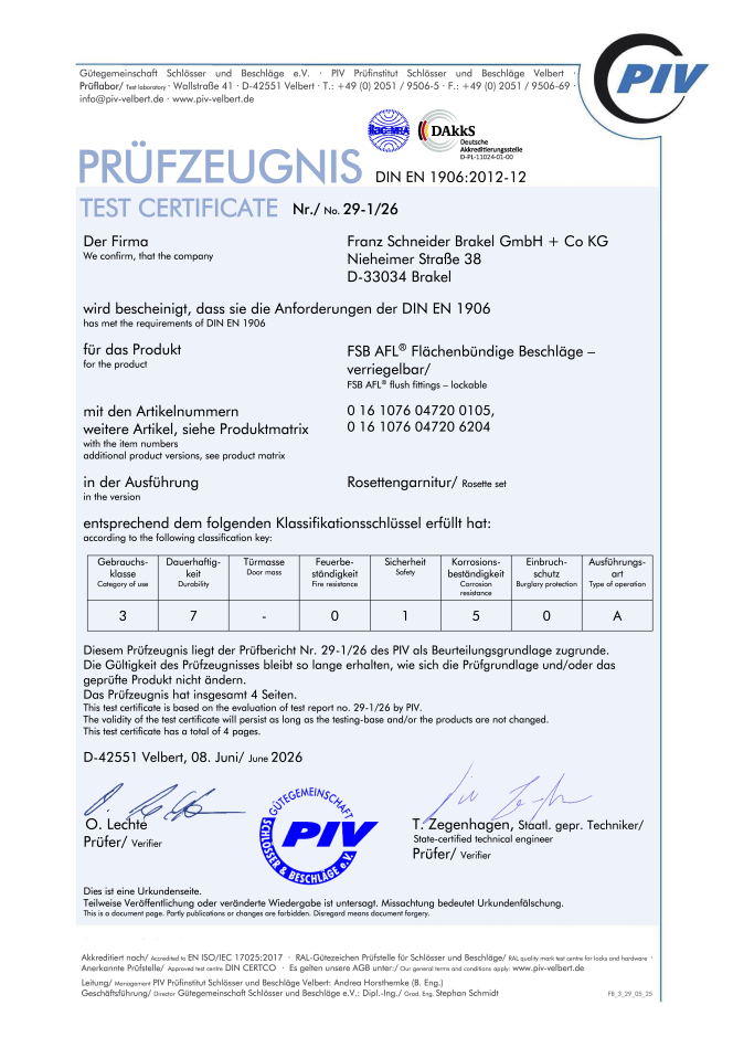 Thumbnail des Prüfzeugnis DIN EN 1906 für FSB AFL® flächenbündige verriegelbare Beschläge. Zertifizierung von Rosettengarnituren mit Produktmatrix und technischen Konstruktionsdetails für den Objekt- und Architekturbereich.