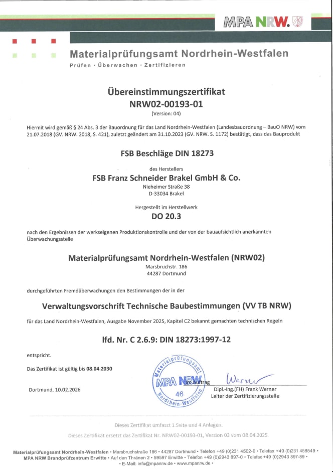Thumbnail des Übereinstimmungszertifikat für FSB Feuerschutz-Türbeschläge nach DIN 18273 mit Modellübersichten und geprüften Varianten für den Objektbau