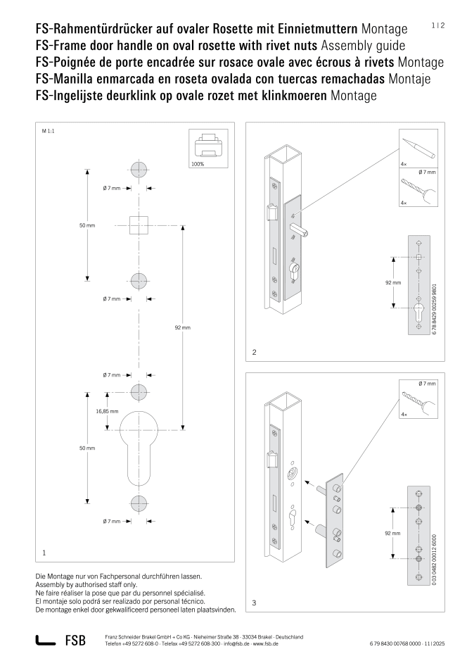 Thumbnail of the technical assembly diagram for FSB FS frame door handle on an oval rosette with rivet nuts, showing drilling dimensions and step-by-step fixing to the door profile.