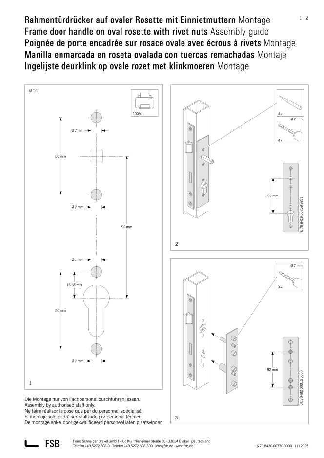 Thumbnail of the technical FSB assembly guide for a frame door handle on an oval rosette with rivet nuts, featuring drilling templates and exploded installation diagrams.