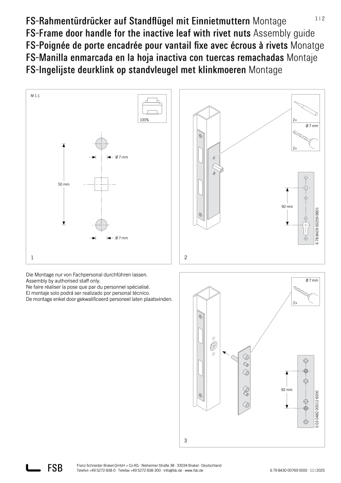 Thumbnail of the FSB assembly diagram for an FS frame door handle on the inactive door leaf with rivet nuts, including drilling layout and oval rosette installation.