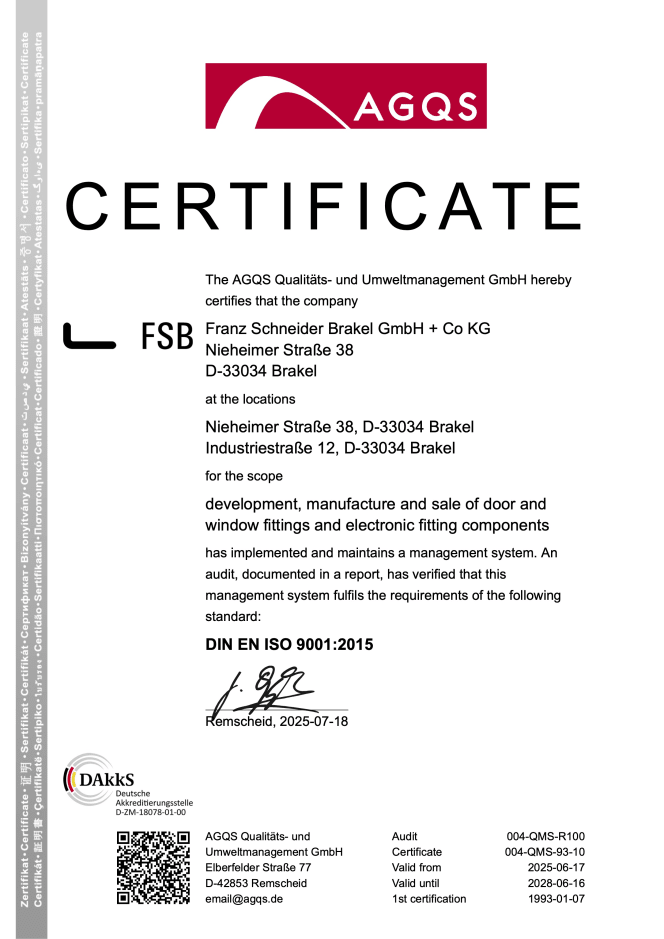 Thumbnail of ISO 9001:2015 certificate of Franz Schneider Brakel GmbH + Co KG, issued by AGQS. Valid from June 17, 2025 to June 16, 2028. Certifies a quality management system for door and window fittings and electronic components.
