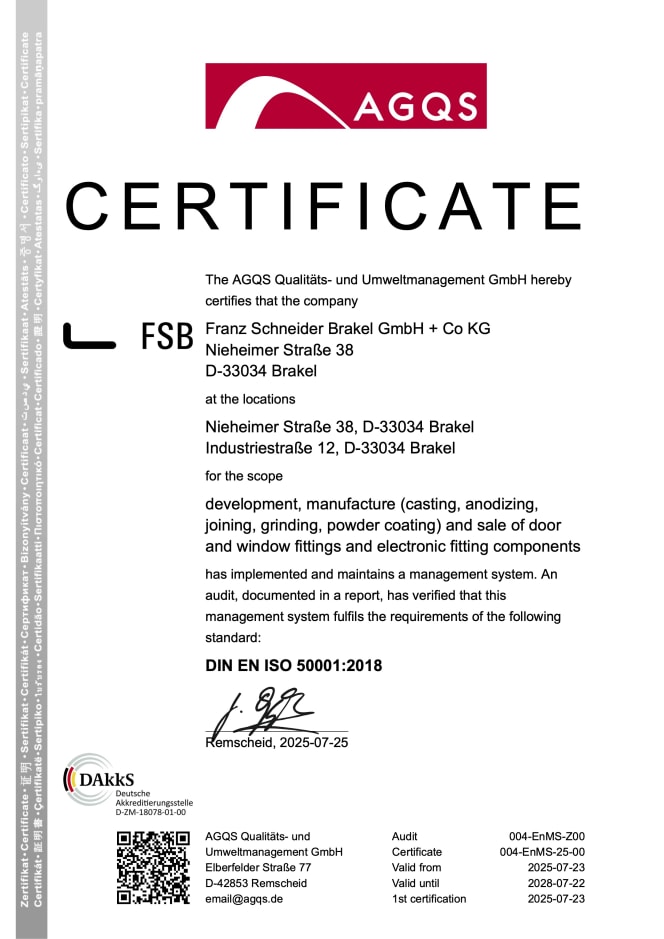 Thumbnail of ISO 50001:2018 certificate for the energy management system of Franz Schneider Brakel GmbH + Co KG, issued by AGQS. Valid from July 23, 2025 to July 22, 2028. Covers development, manufacturing, and sales of door and window fittings and electronic components.