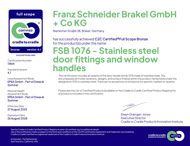 Thumbnail des Cradle to Cradle Bronze Zertifikat für FSB 1076 Edelstahl-Tür- und Fensterbeschläge, gültig bis August 2028.