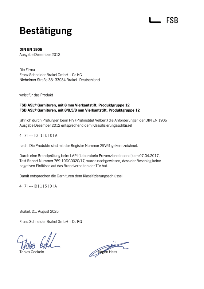 Thumbnail des offiziellen PDF-Dokument mit der Bestätigung der FS-Tauglichkeit für FSB ASL Türgarnituren gemäß DIN EN 1906. Enthält Prüfberichte und Klassifizierung nach europäischen Normen für den Einsatz im Objektbau und Brandschutz.