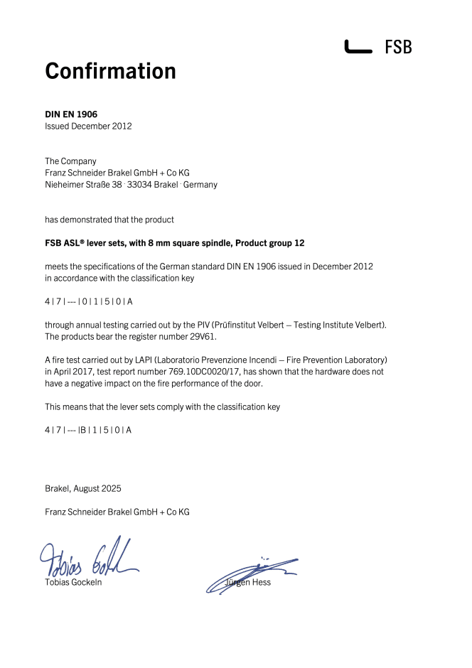 Thumbnail of the confirmation of FSB ASL® lever sets in accordance with DIN EN 1906 including fire safety test. Document with test information and classification.