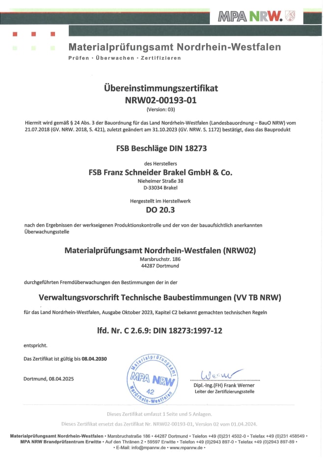 Thumbnail des MPA-Zertifikat 2025 für FSB Türbeschläge gemäß DIN 18273 zur Verwendung an Brandschutztüren im Objektbau.