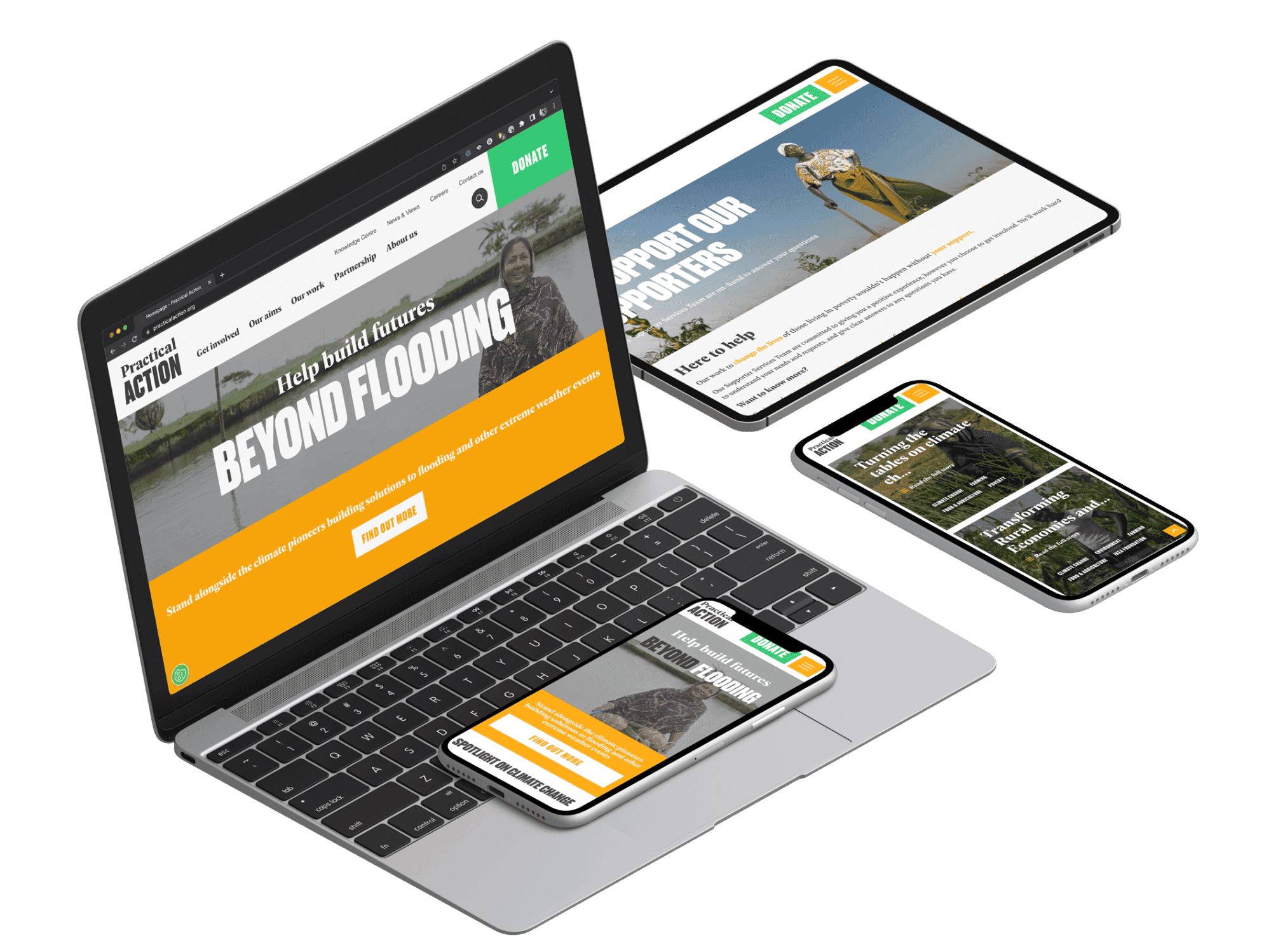 A laptop, tablet and smart mobile phones displaying the new Practical Action website pages.