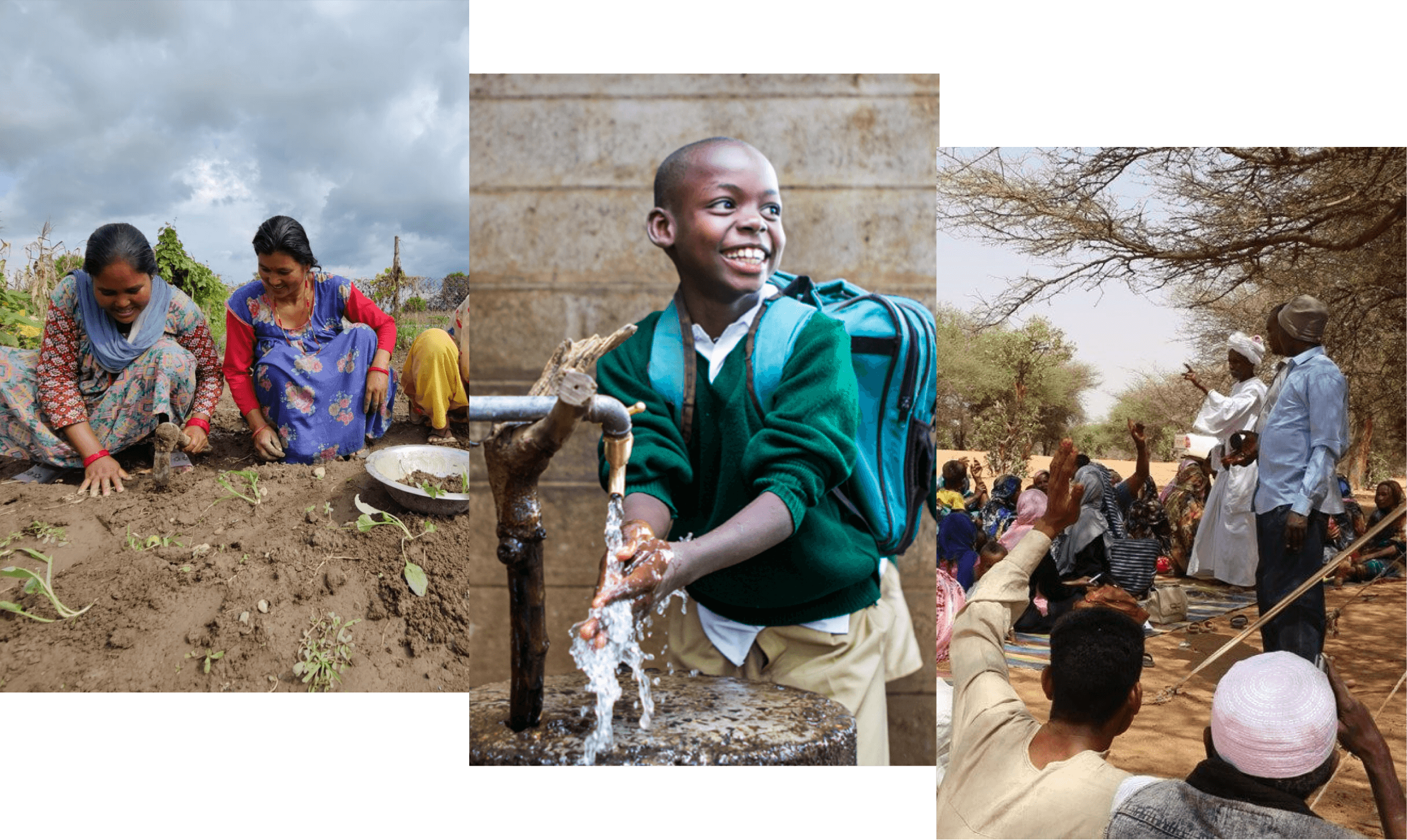 A series of three images. The first photo depicts two women planting seedlings. The second photo depicts a boy washing his hands under a tap smiling. The third photo depicts three people talking and presenting to a group of people.