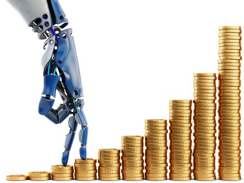 robot hand finger walking up a scale of gold coins.