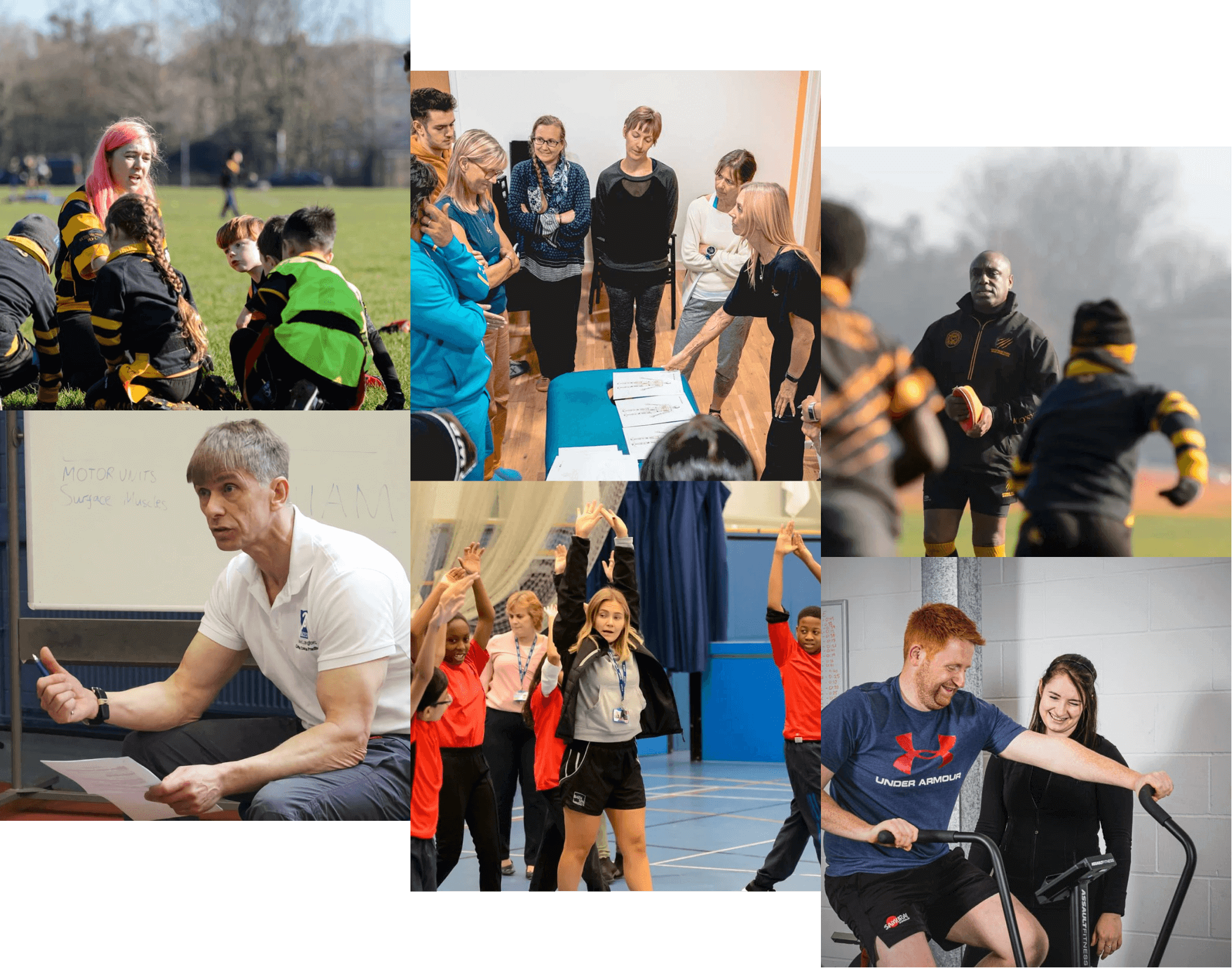 Collection of six images of coaches and trainers assisting athletes within sport