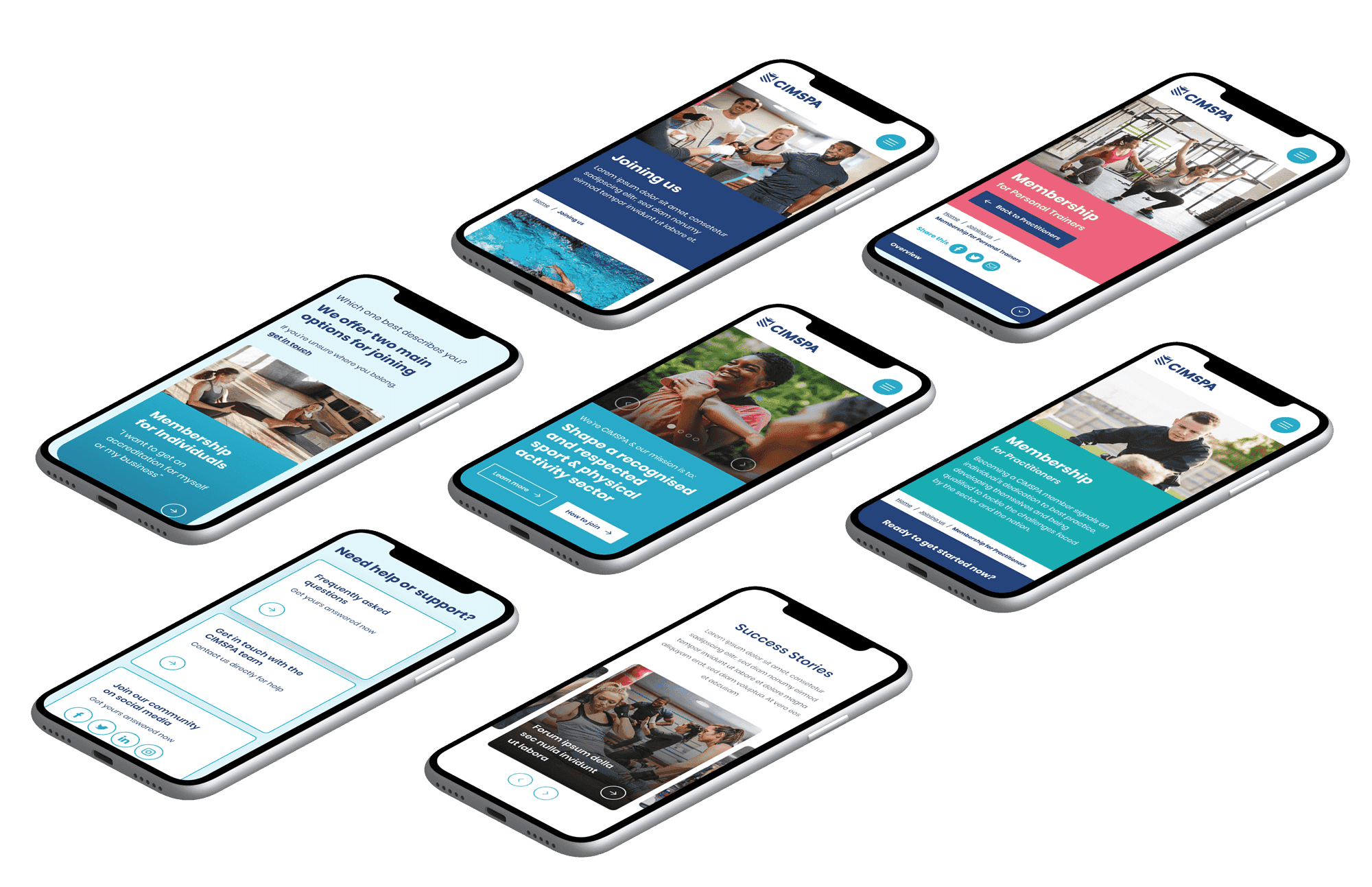 Collection of mobile phones each displaying a different section of the new CIMSPA website