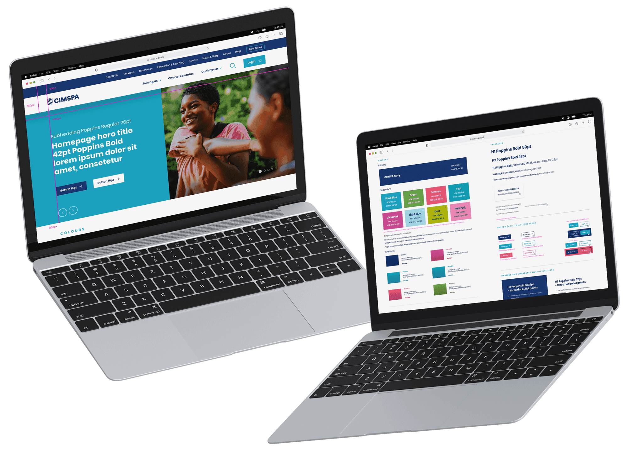 Two laptops displaying the design choices and padding options on the new CIMSPA website