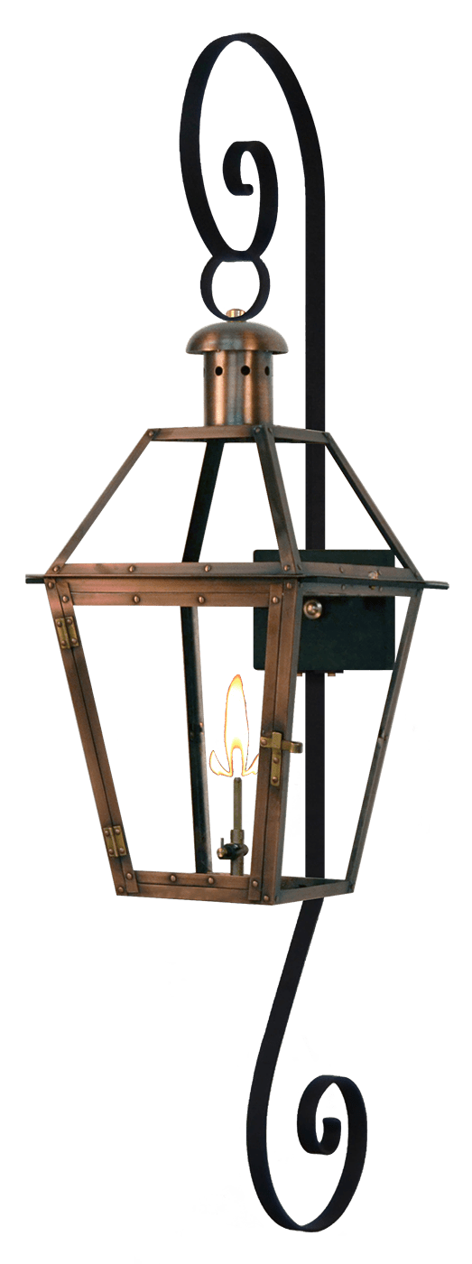 Georgetown Gas or Electric Copper Lantern on Wall Mount with Top and Bottom  Scrolls