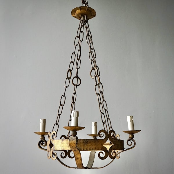 French Gilded Iron Chandelier
