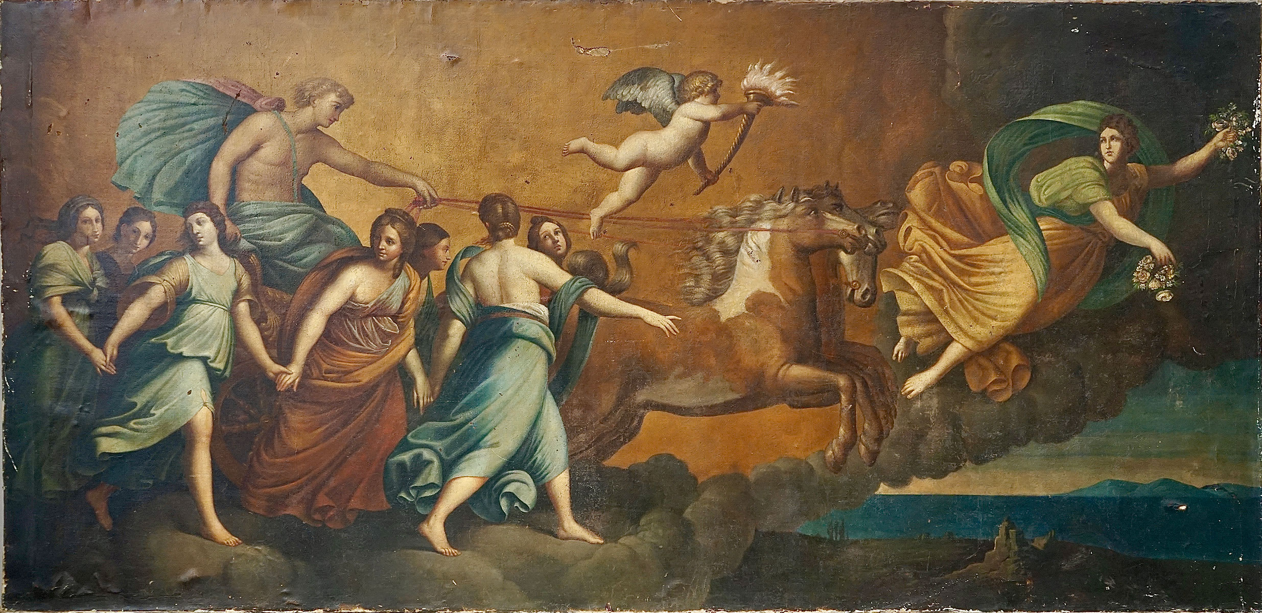 Large Italian Oil Painting of Aurora & Apollo | BARAN de BORDEAUX