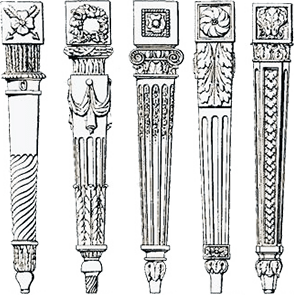 Illustration of five decorative classical column designs with intricate carvings and ornate details
