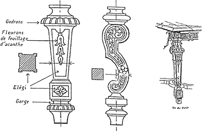 Vintage architectural drawing showing detailed ornamental leg designs with labeled sections and decorative carvings