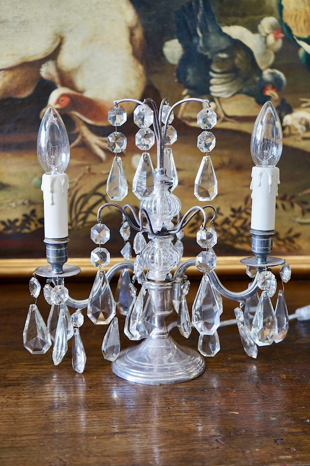 French Silver & Glass Girandole Lamps