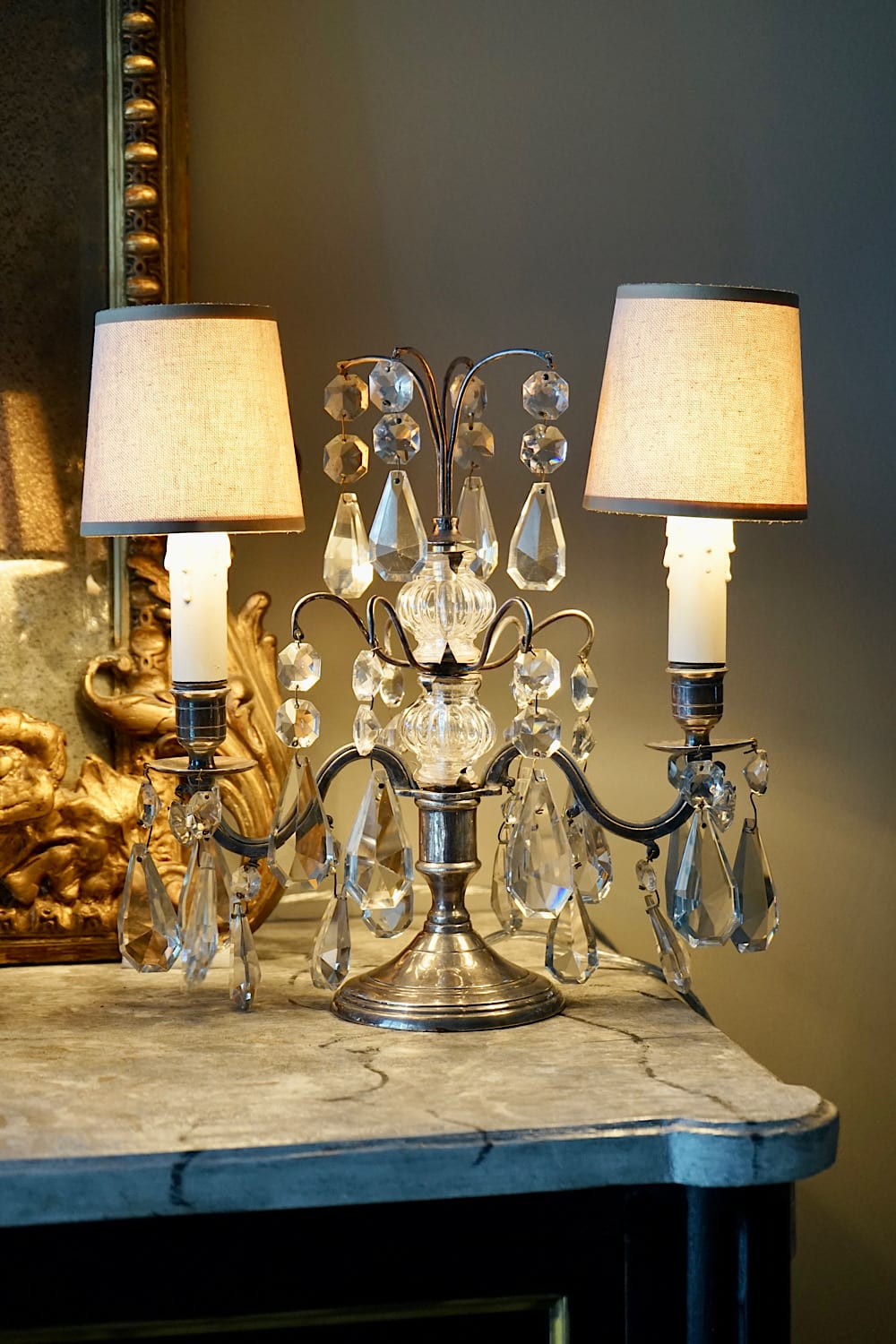 French Silver & Glass Girandole Lamps