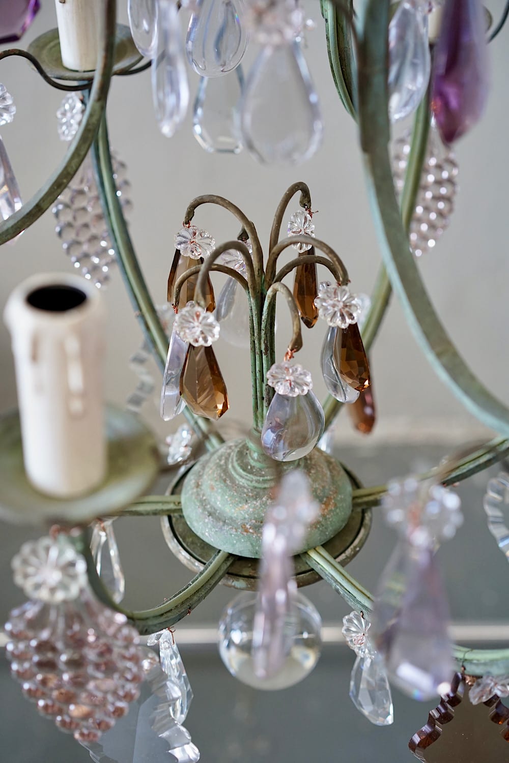 French Verdigris Brass & Glass Chandelier