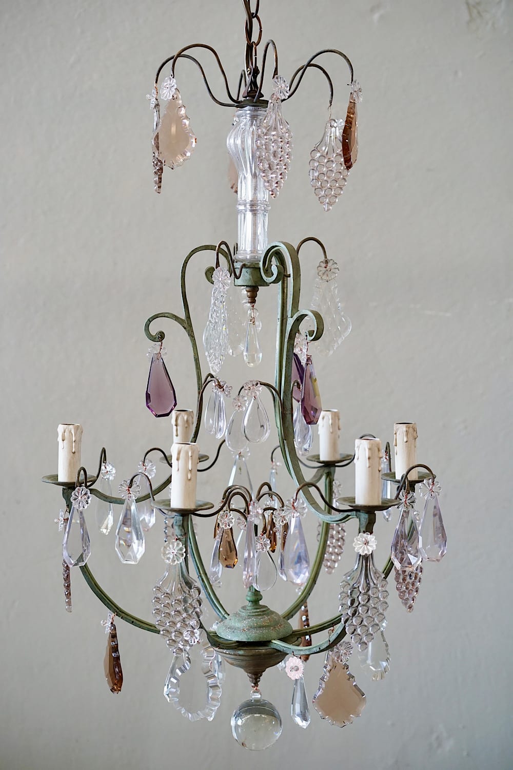 French Verdigris Brass & Glass Chandelier
