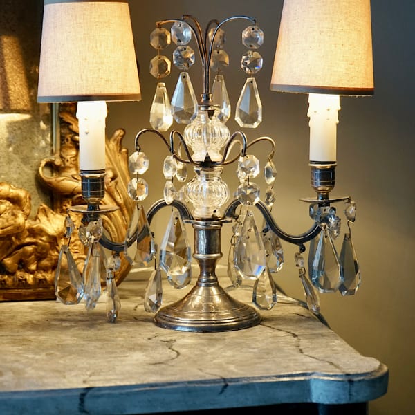 French Silver & Glass Girandole Lamps