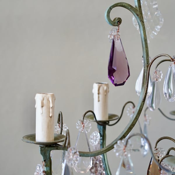 French Verdigris Brass & Glass Chandelier