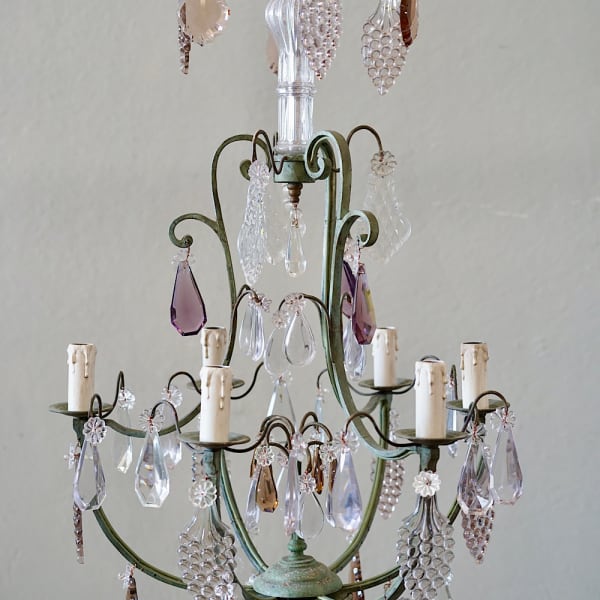 French Verdigris Brass & Glass Chandelier