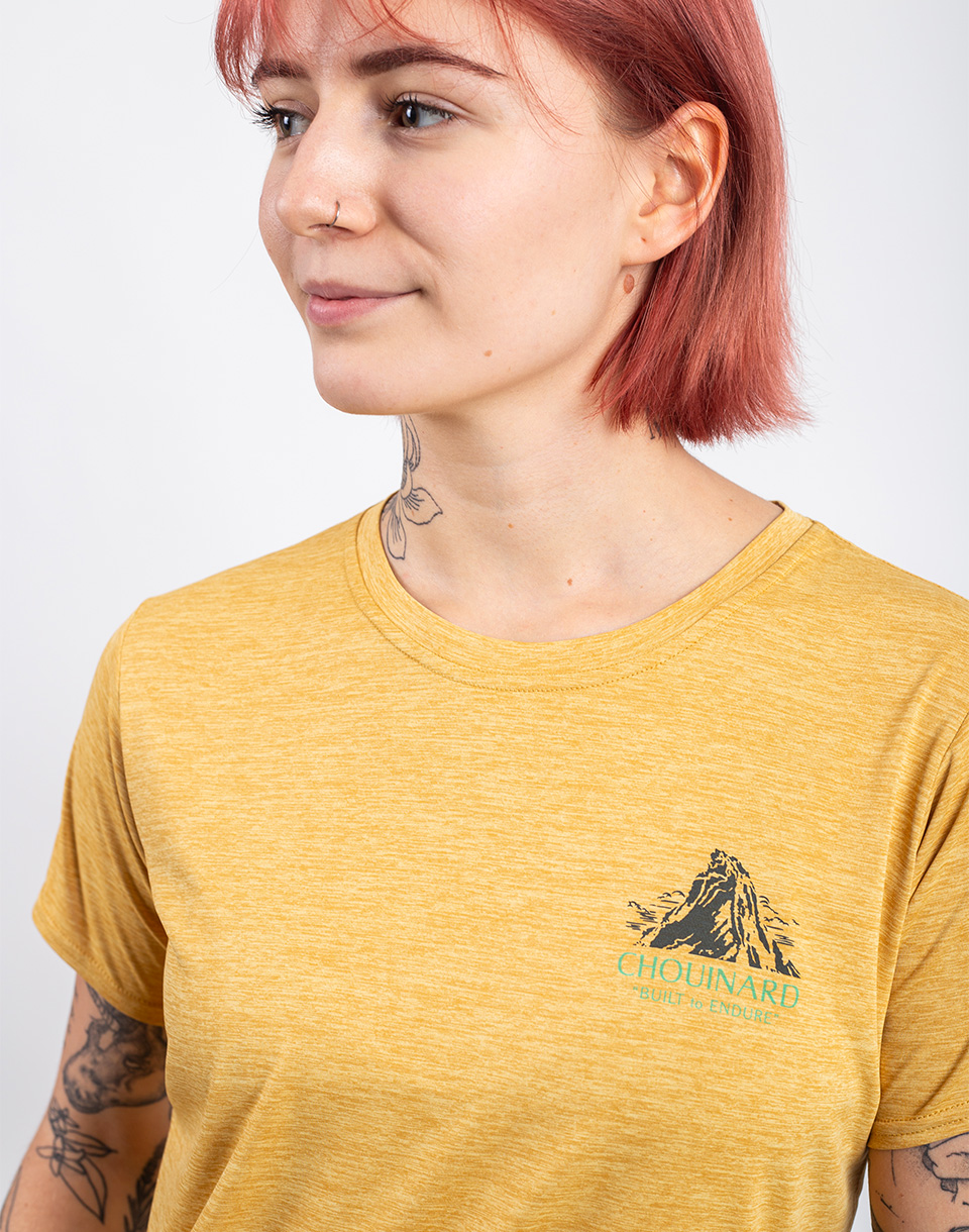 Patagonia W's Cap Cool Daily Graphic Shirt - Lands Chouinard Crest: Beeswax Tan X-Dye S